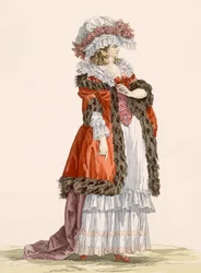 Vestido de passeio jovem, gravado por Dupin, placa no.214 de &39;Galeries des Modes et Costumes Francais&39;, 1789